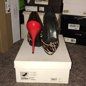 Versace Leopard, red, and brown pony hair pump